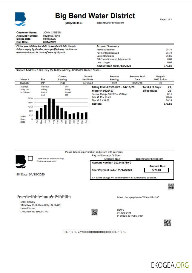 USA Nevada Big Bend Water District utility bill template in Word and PDF format